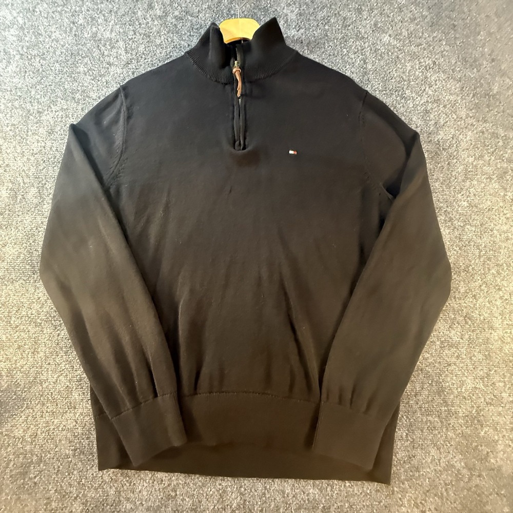 Tommy Hilfiger Mens L Black 1/4 Zip Mock Neck Knit Sweater Cotton Pullover Logo